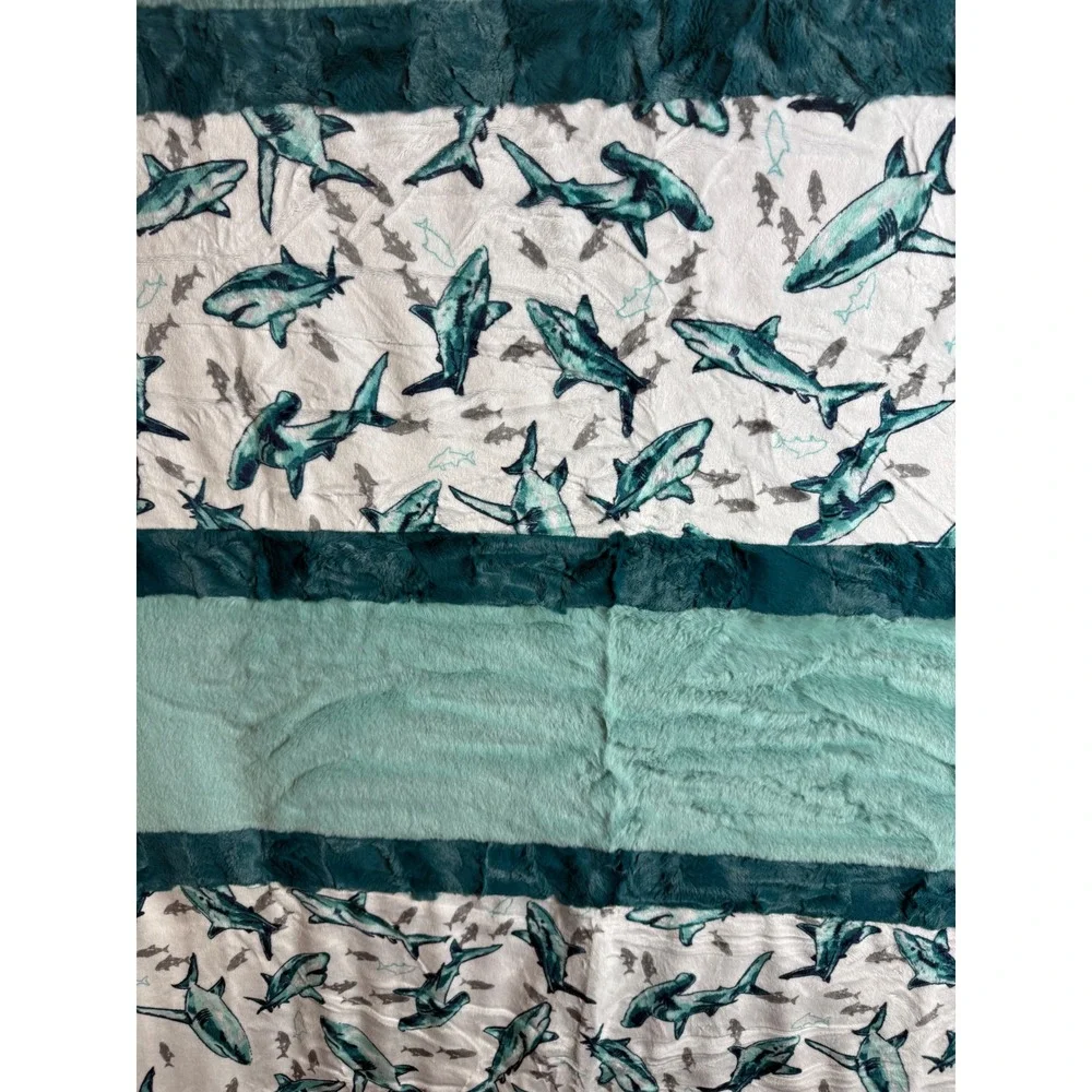 Sew Sweet Minky Designs 78x57 Throw Blanket Teal Shark Print Plush USA NEW